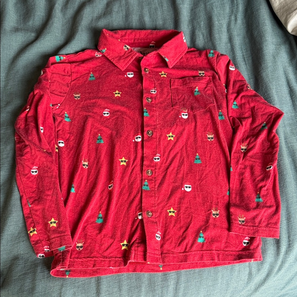Little Sleepies Play Red Button-Up Shirt with Holiday Motifs